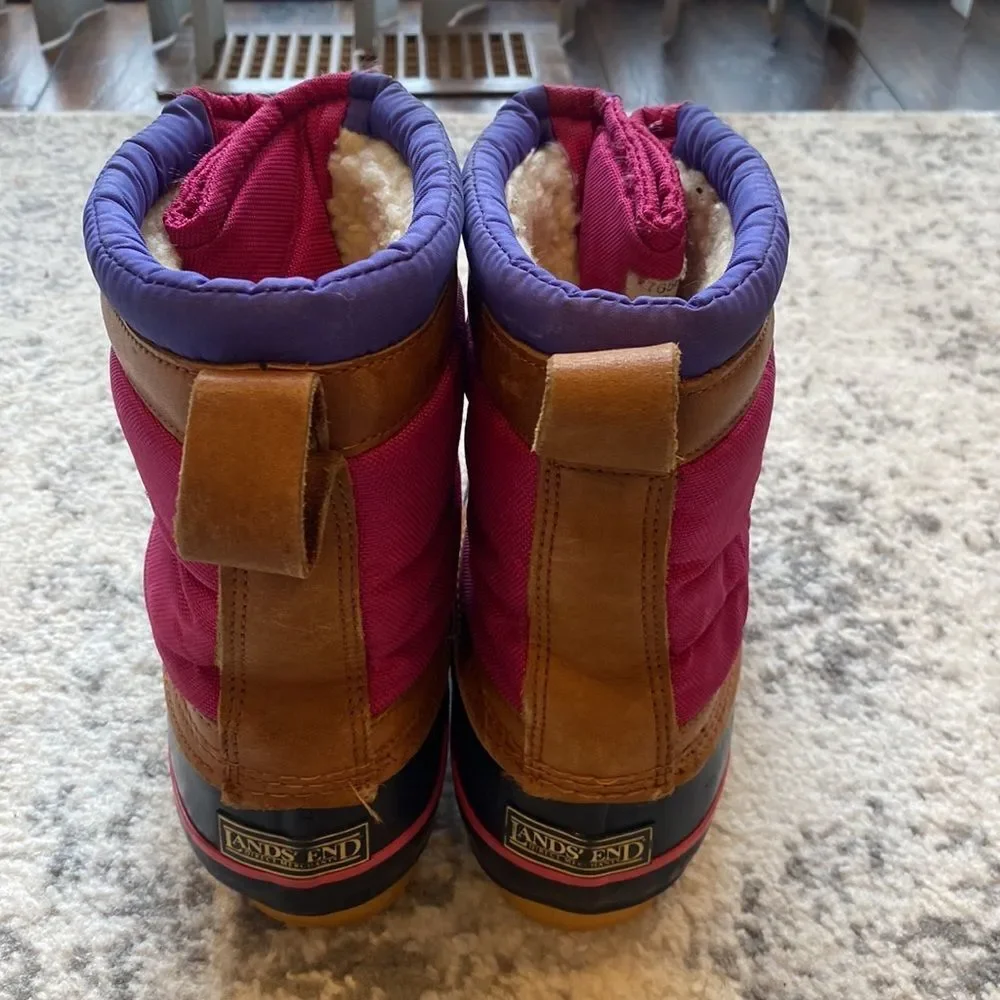 Vtg Made in Korea Lands End duck boots EUC navy pink purple with brown leather